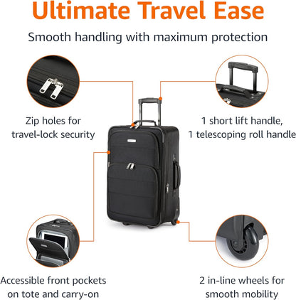 Softside Luggage Set, 23-Inch Expandable Suitcase with Wheels and 15-Inch Tote, Extra Space (+15%), Front Pockets, Telescopic Handle, Navy Blue