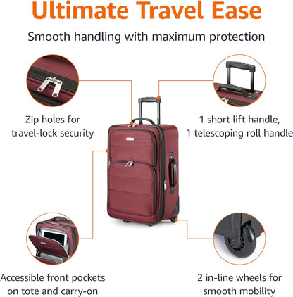 Softside Luggage Set, 23-Inch Expandable Suitcase with Wheels and 15-Inch Tote, Extra Space (+15%), Front Pockets, Telescopic Handle, Navy Blue