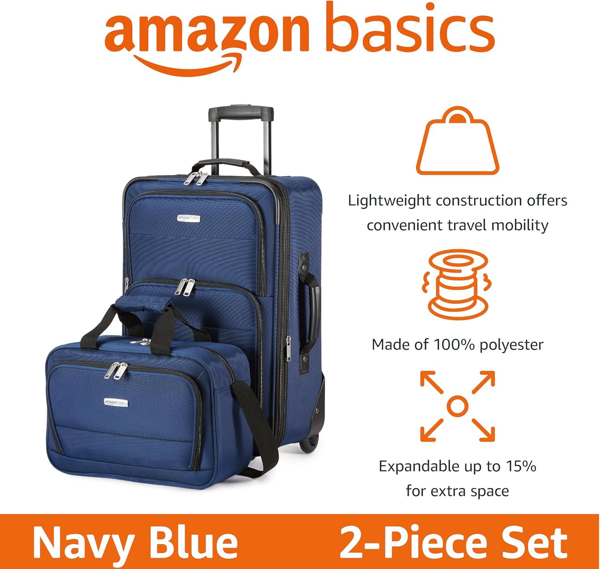 Softside Luggage Set, 23-Inch Expandable Suitcase with Wheels and 15-Inch Tote, Extra Space (+15%), Front Pockets, Telescopic Handle, Navy Blue