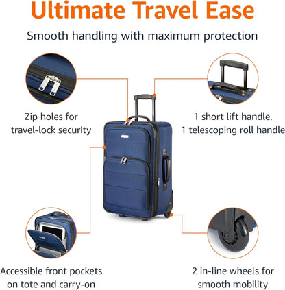 Softside Luggage Set, 23-Inch Expandable Suitcase with Wheels and 15-Inch Tote, Extra Space (+15%), Front Pockets, Telescopic Handle, Navy Blue