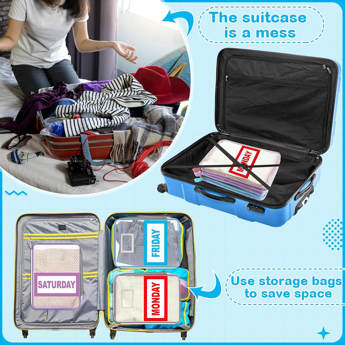Packing Cubes for Travel Kids Days of Week Packing Cubes with Labels Clear Zippered Storage Bag for Kids Travel summer camp essentials