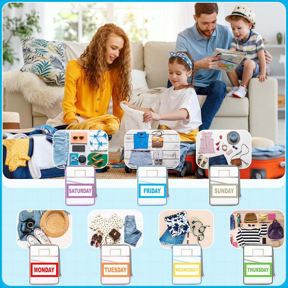 Packing Cubes for Travel Kids Days of Week Packing Cubes with Labels Clear Zippered Storage Bag for Kids Travel summer camp essentials