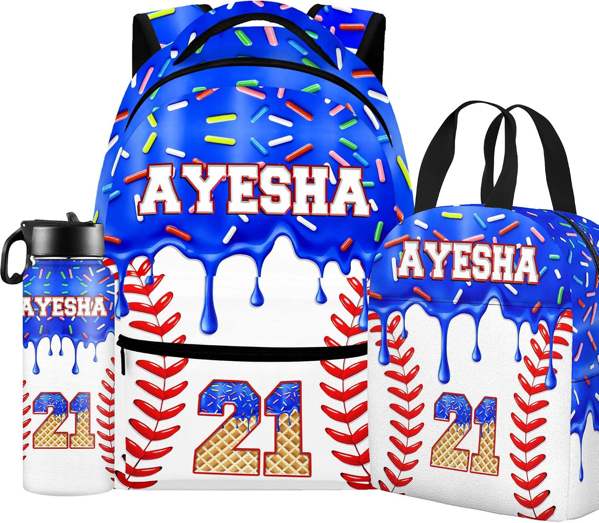 Custom Name Basketball Backpack Set for Boys,Personalized Bookbag with Lunch Box & Water Bottle for Travel School Camp, Ice Cream Drip Basketball School Bag Design, Back to School Gifts
