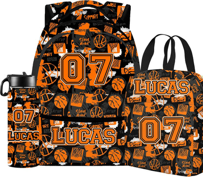 Custom Name Basketball Backpack Set for Boys,Personalized Bookbag with Lunch Box & Water Bottle for Travel School Camp, Ice Cream Drip Basketball School Bag Design, Back to School Gifts