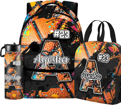 Custom Name Basketball Backpack Set for Boys,Personalized Bookbag with Lunch Box & Water Bottle for Travel School Camp, Ice Cream Drip Basketball School Bag Design, Back to School Gifts
