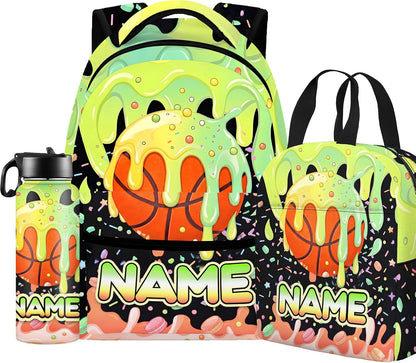 Custom Name Basketball Backpack Set for Boys,Personalized Bookbag with Lunch Box & Water Bottle for Travel School Camp, Ice Cream Drip Basketball School Bag Design, Back to School Gifts