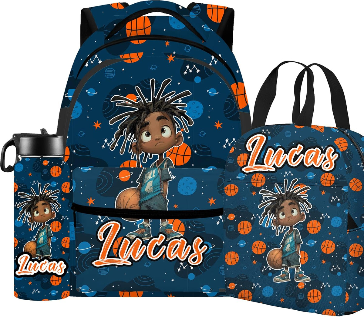 Custom Name Basketball Backpack Set for Boys,Personalized Bookbag with Lunch Box & Water Bottle for Travel School Camp, Ice Cream Drip Basketball School Bag Design, Back to School Gifts