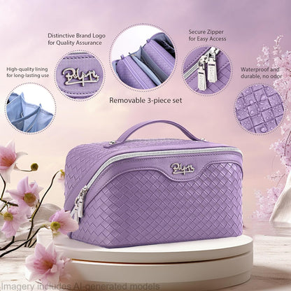 Travel Makeup Bag Cosmetic Bags for Women: Large Capacity 3 Pcs Set Make up Bag with Compartments - Waterproof Vegan Leather Toiletry Organizer Bags with Handle (Z-65Light Green)