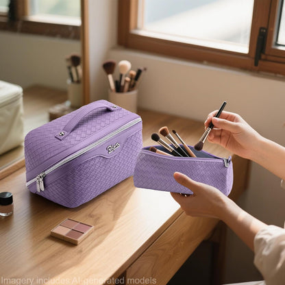 Travel Makeup Bag Cosmetic Bags for Women: Large Capacity 3 Pcs Set Make up Bag with Compartments - Waterproof Vegan Leather Toiletry Organizer Bags with Handle (Z-65Light Green)