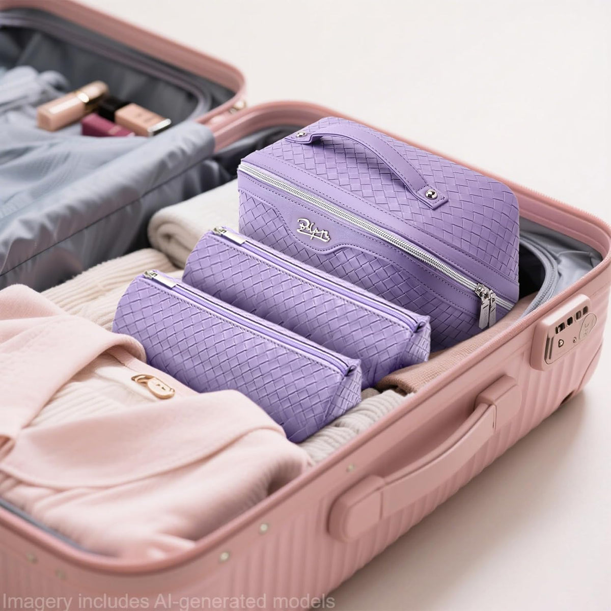 Travel Makeup Bag Cosmetic Bags for Women: Large Capacity 3 Pcs Set Make up Bag with Compartments - Waterproof Vegan Leather Toiletry Organizer Bags with Handle (Z-65Light Green)