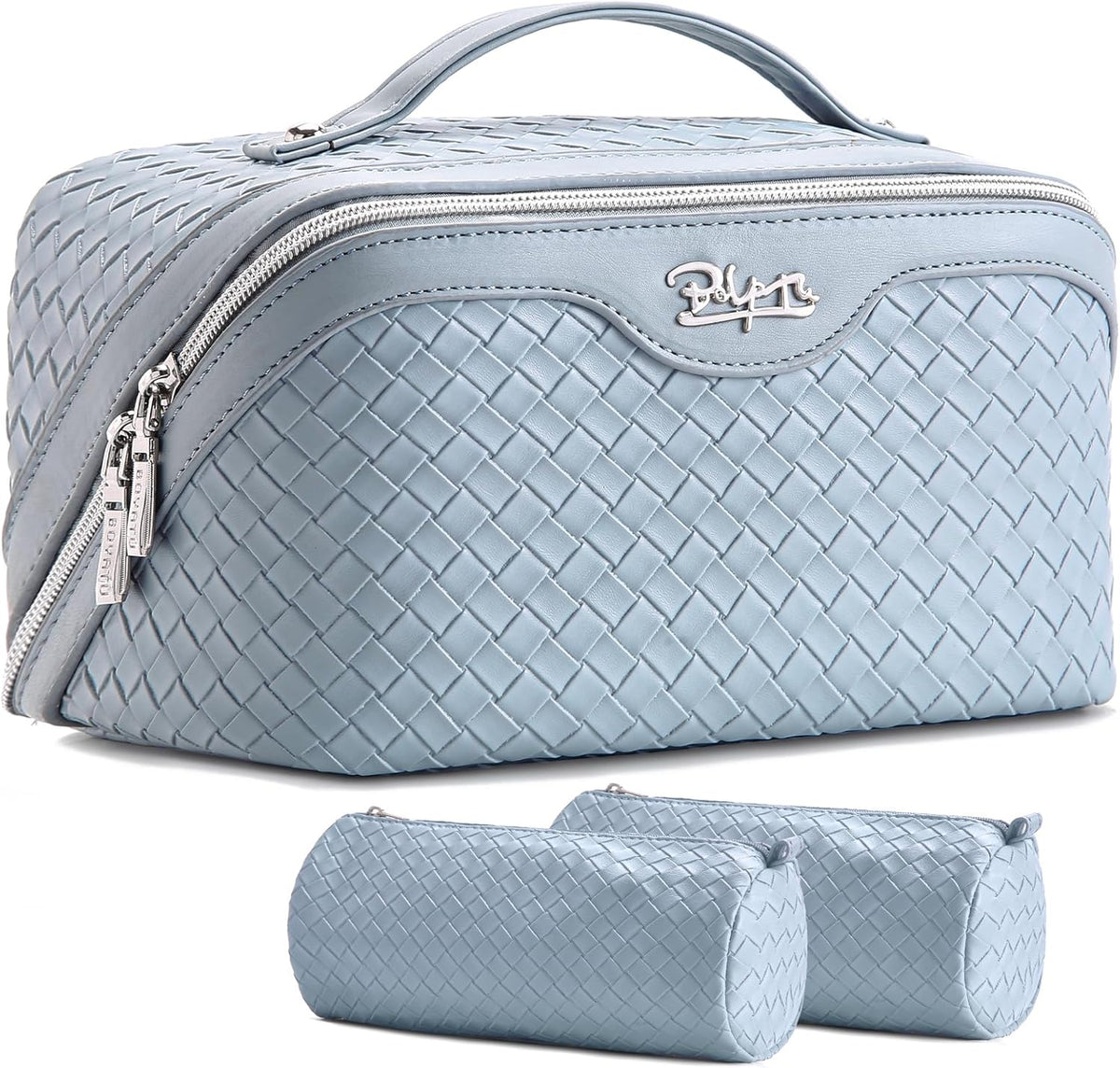 Travel Makeup Bag Cosmetic Bags for Women: Large Capacity 3 Pcs Set Make up Bag with Compartments - Waterproof Vegan Leather Toiletry Organizer Bags with Handle (Z-65Light Green)