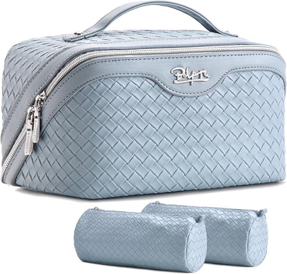 Travel Makeup Bag Cosmetic Bags for Women: Large Capacity 3 Pcs Set Make up Bag with Compartments - Waterproof Vegan Leather Toiletry Organizer Bags with Handle (Z-65Light Green)
