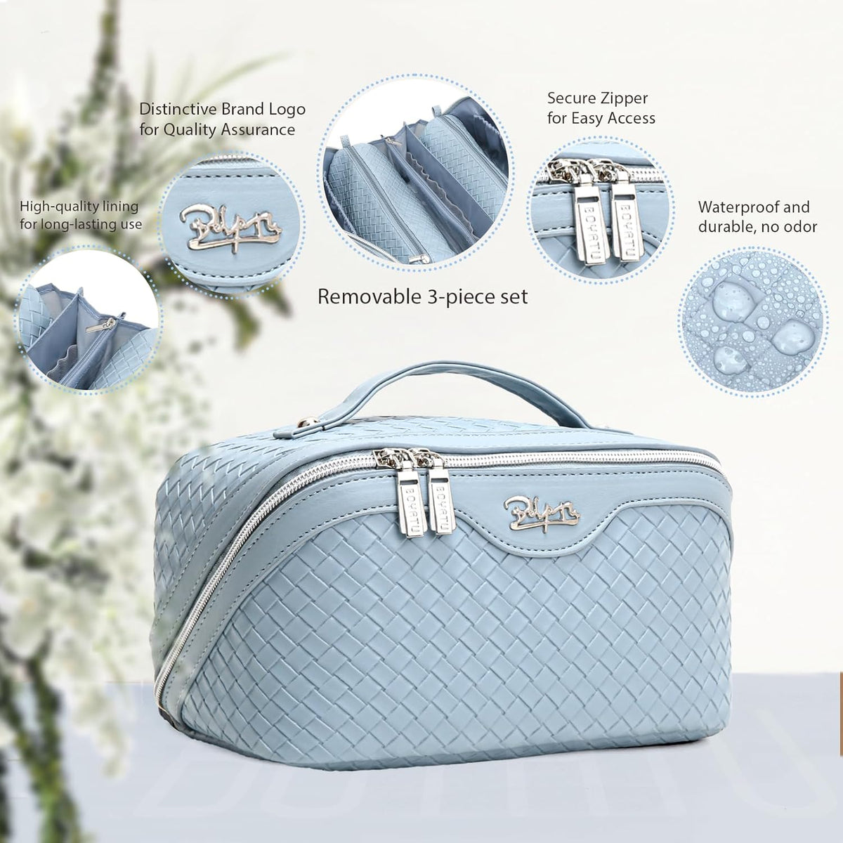 Travel Makeup Bag Cosmetic Bags for Women: Large Capacity 3 Pcs Set Make up Bag with Compartments - Waterproof Vegan Leather Toiletry Organizer Bags with Handle (Z-65Light Green)