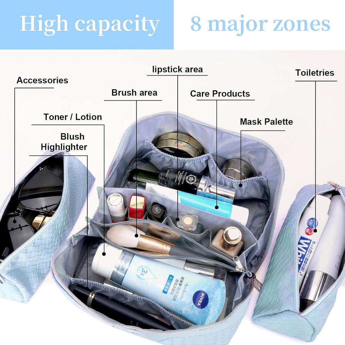 Travel Makeup Bag Cosmetic Bags for Women: Large Capacity 3 Pcs Set Make up Bag with Compartments - Waterproof Vegan Leather Toiletry Organizer Bags with Handle (Z-65Light Green)