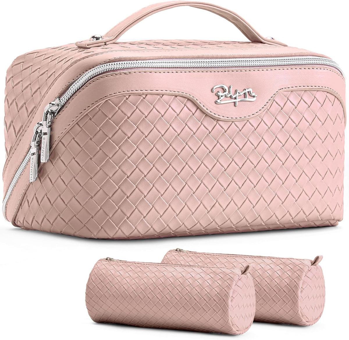 Travel Makeup Bag Cosmetic Bags for Women: Large Capacity 3 Pcs Set Make up Bag with Compartments - Waterproof Vegan Leather Toiletry Organizer Bags with Handle (Z-65Light Green)