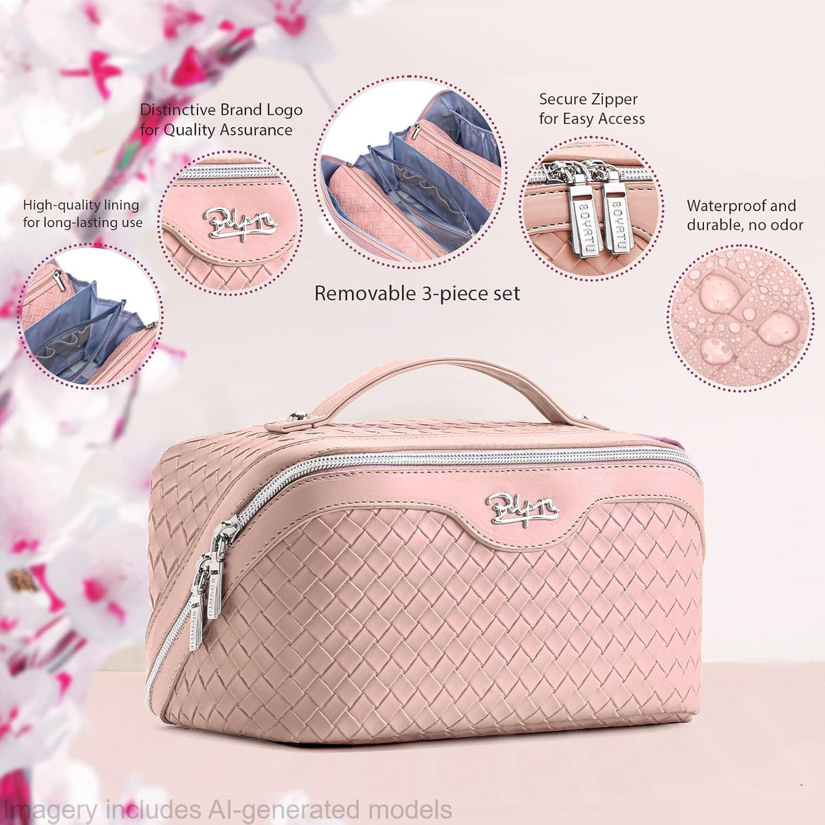 Travel Makeup Bag Cosmetic Bags for Women: Large Capacity 3 Pcs Set Make up Bag with Compartments - Waterproof Vegan Leather Toiletry Organizer Bags with Handle (Z-65Light Green)