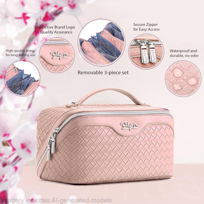 Travel Makeup Bag Cosmetic Bags for Women: Large Capacity 3 Pcs Set Make up Bag with Compartments - Waterproof Vegan Leather Toiletry Organizer Bags with Handle (Z-65Light Green)