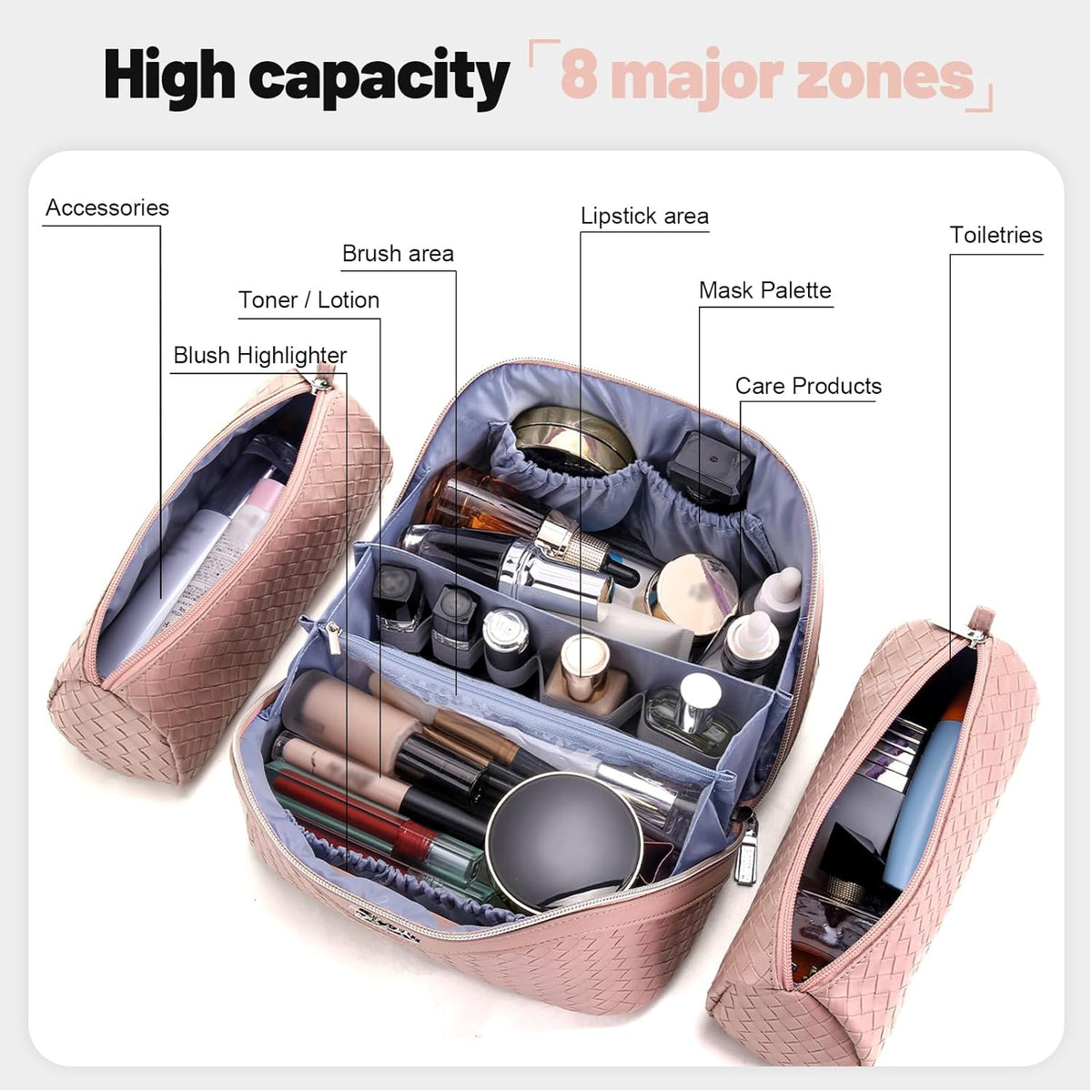 Travel Makeup Bag Cosmetic Bags for Women: Large Capacity 3 Pcs Set Make up Bag with Compartments - Waterproof Vegan Leather Toiletry Organizer Bags with Handle (Z-65Light Green)