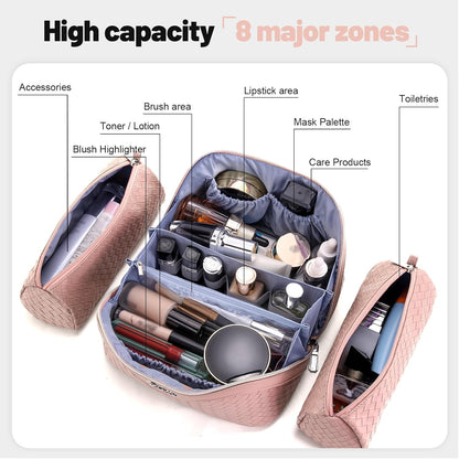 Travel Makeup Bag Cosmetic Bags for Women: Large Capacity 3 Pcs Set Make up Bag with Compartments - Waterproof Vegan Leather Toiletry Organizer Bags with Handle (Z-65Light Green)