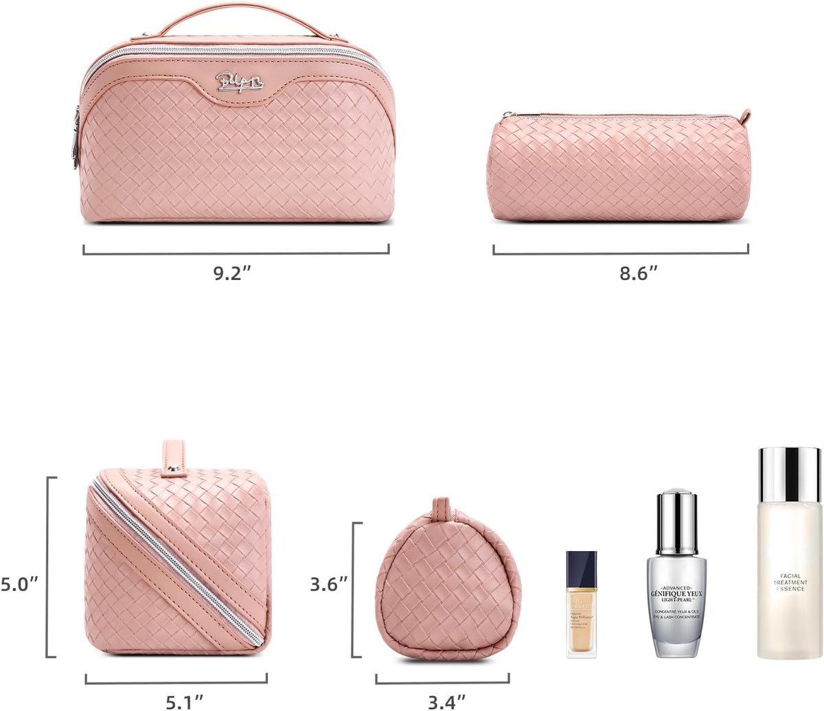Travel Makeup Bag Cosmetic Bags for Women: Large Capacity 3 Pcs Set Make up Bag with Compartments - Waterproof Vegan Leather Toiletry Organizer Bags with Handle (Z-65Light Green)