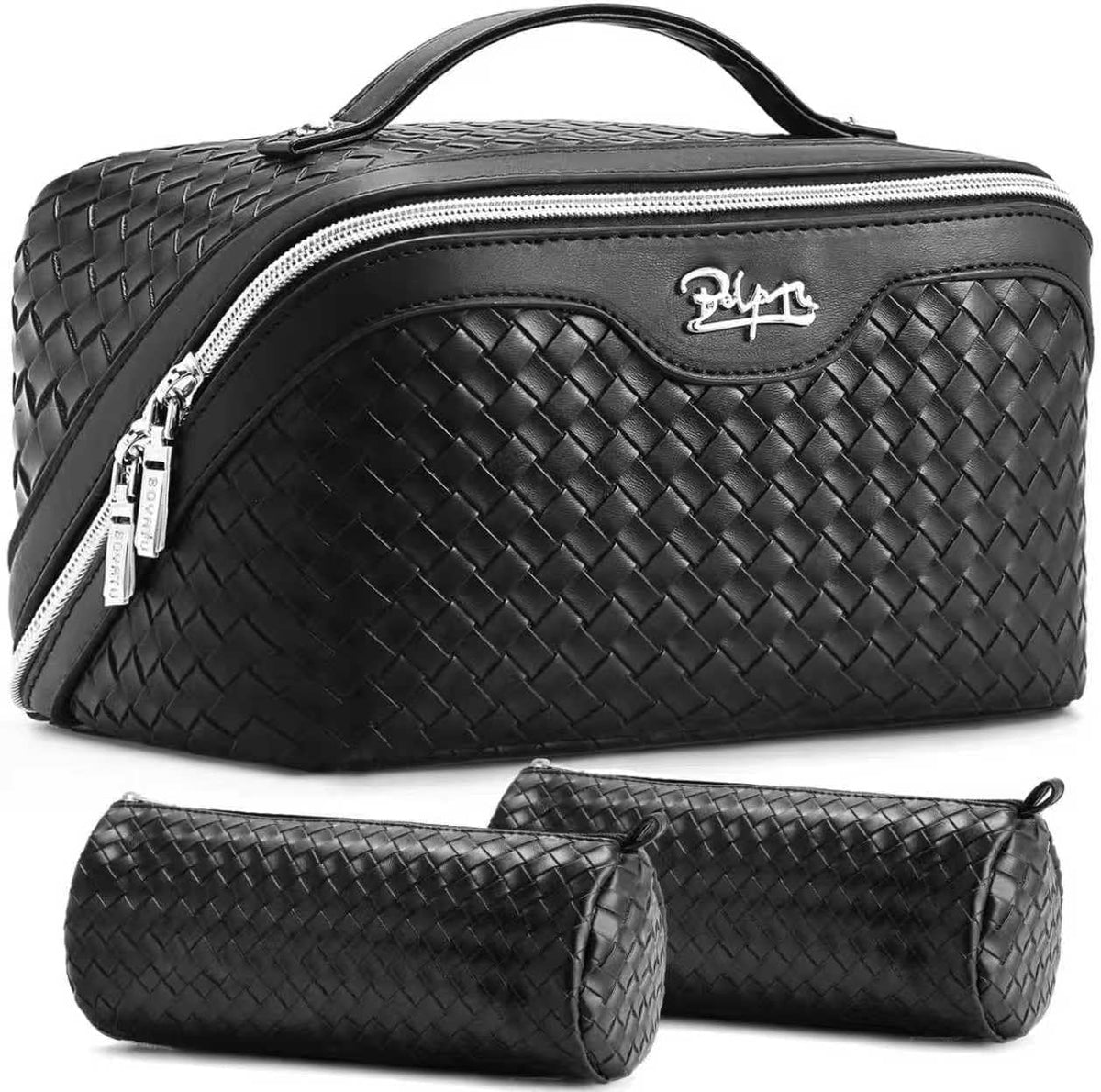 Travel Makeup Bag Cosmetic Bags for Women: Large Capacity 3 Pcs Set Make up Bag with Compartments - Waterproof Vegan Leather Toiletry Organizer Bags with Handle (Z-65Light Green)