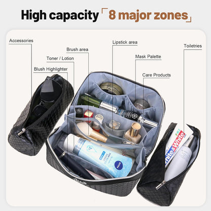 Travel Makeup Bag Cosmetic Bags for Women: Large Capacity 3 Pcs Set Make up Bag with Compartments - Waterproof Vegan Leather Toiletry Organizer Bags with Handle (Z-65Light Green)