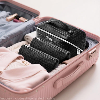 Travel Makeup Bag Cosmetic Bags for Women: Large Capacity 3 Pcs Set Make up Bag with Compartments - Waterproof Vegan Leather Toiletry Organizer Bags with Handle (Z-65Light Green)
