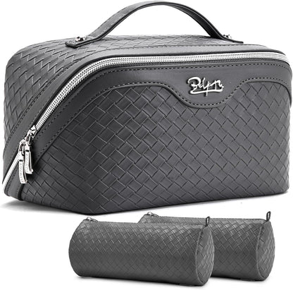 Travel Makeup Bag Cosmetic Bags for Women: Large Capacity 3 Pcs Set Make up Bag with Compartments - Waterproof Vegan Leather Toiletry Organizer Bags with Handle (Z-65Light Green)