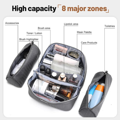 Travel Makeup Bag Cosmetic Bags for Women: Large Capacity 3 Pcs Set Make up Bag with Compartments - Waterproof Vegan Leather Toiletry Organizer Bags with Handle (Z-65Light Green)