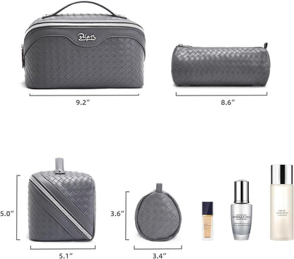 Travel Makeup Bag Cosmetic Bags for Women: Large Capacity 3 Pcs Set Make up Bag with Compartments - Waterproof Vegan Leather Toiletry Organizer Bags with Handle (Z-65Light Green)