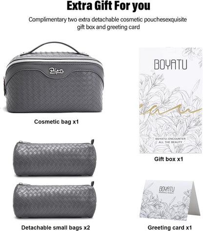 Travel Makeup Bag Cosmetic Bags for Women: Large Capacity 3 Pcs Set Make up Bag with Compartments - Waterproof Vegan Leather Toiletry Organizer Bags with Handle (Z-65Light Green)