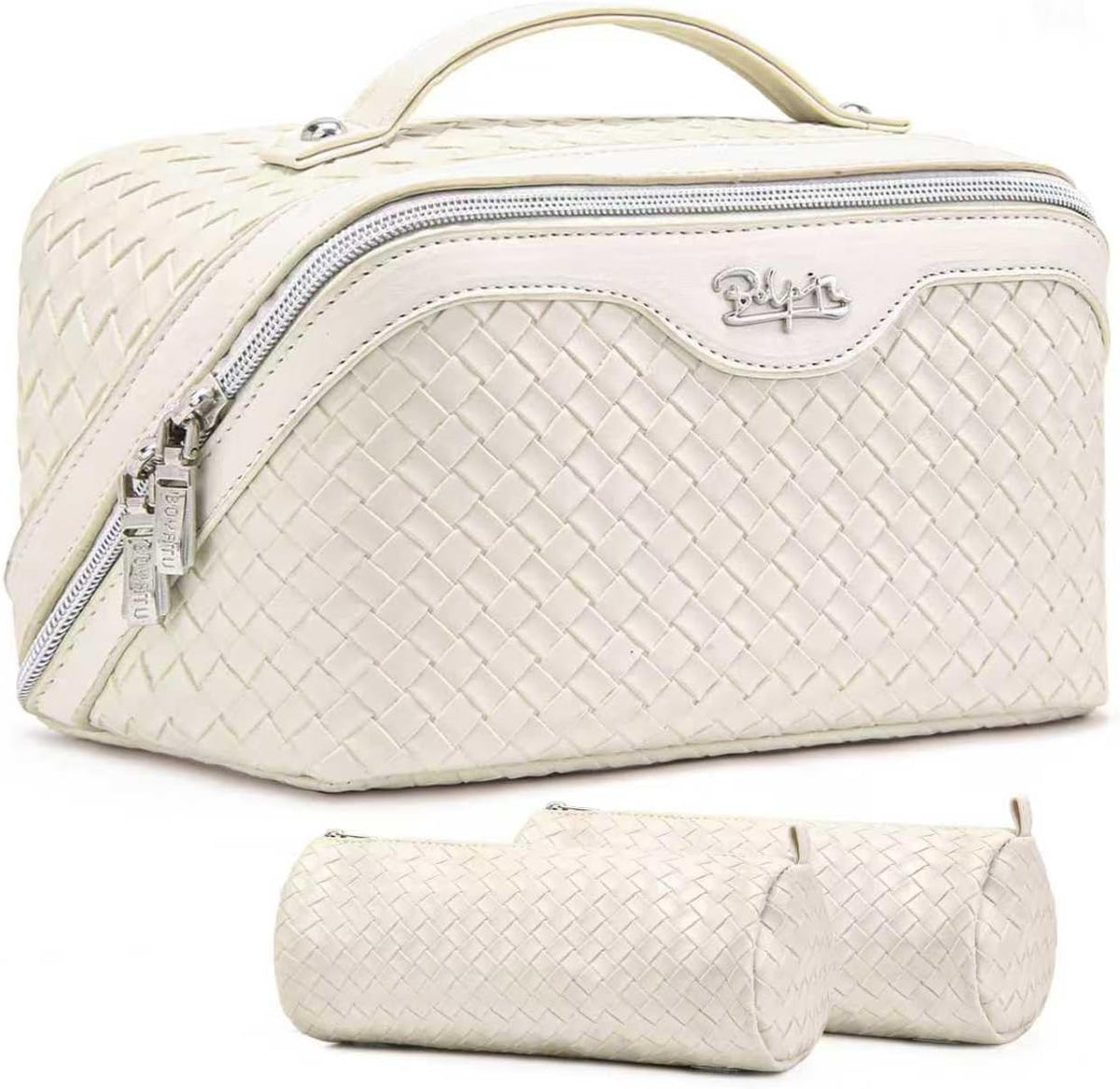 Travel Makeup Bag Cosmetic Bags for Women: Large Capacity 3 Pcs Set Make up Bag with Compartments - Waterproof Vegan Leather Toiletry Organizer Bags with Handle (Z-65Light Green)