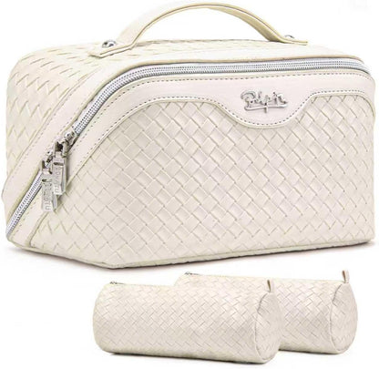 Travel Makeup Bag Cosmetic Bags for Women: Large Capacity 3 Pcs Set Make up Bag with Compartments - Waterproof Vegan Leather Toiletry Organizer Bags with Handle (Z-65Light Green)
