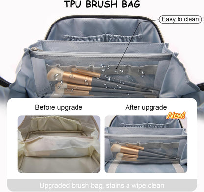 Travel Makeup Bag Cosmetic Bags for Women: Large Capacity 3 Pcs Set Make up Bag with Compartments - Waterproof Vegan Leather Toiletry Organizer Bags with Handle (Z-65Light Green)