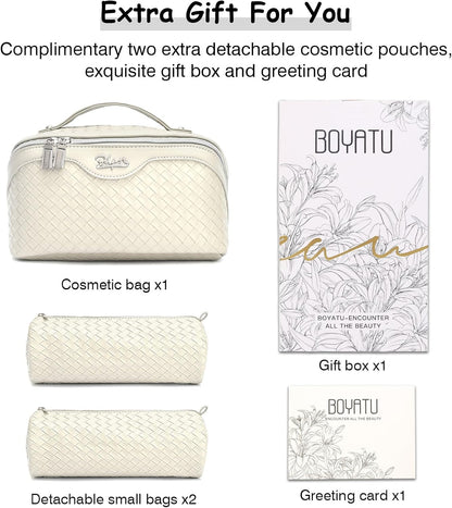 Travel Makeup Bag Cosmetic Bags for Women: Large Capacity 3 Pcs Set Make up Bag with Compartments - Waterproof Vegan Leather Toiletry Organizer Bags with Handle (Z-65Light Green)