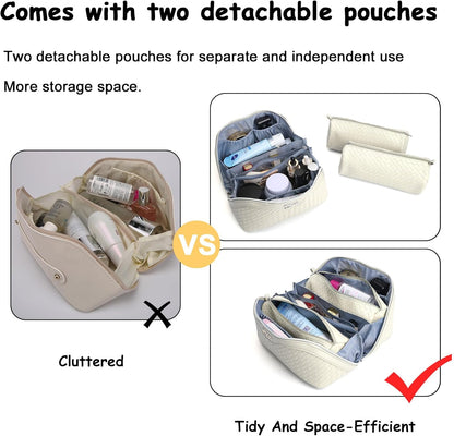 Travel Makeup Bag Cosmetic Bags for Women: Large Capacity 3 Pcs Set Make up Bag with Compartments - Waterproof Vegan Leather Toiletry Organizer Bags with Handle (Z-65Light Green)