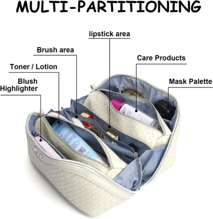 Travel Makeup Bag Cosmetic Bags for Women: Large Capacity 3 Pcs Set Make up Bag with Compartments - Waterproof Vegan Leather Toiletry Organizer Bags with Handle (Z-65Light Green)