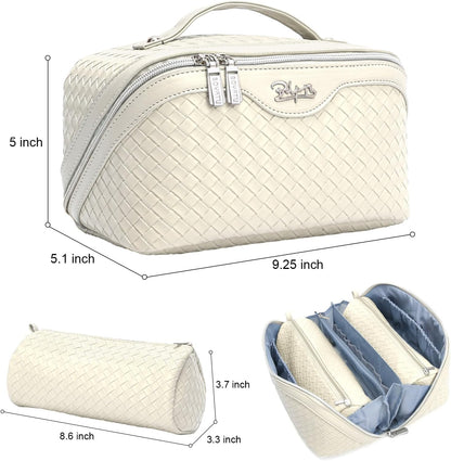 Travel Makeup Bag Cosmetic Bags for Women: Large Capacity 3 Pcs Set Make up Bag with Compartments - Waterproof Vegan Leather Toiletry Organizer Bags with Handle (Z-65Light Green)
