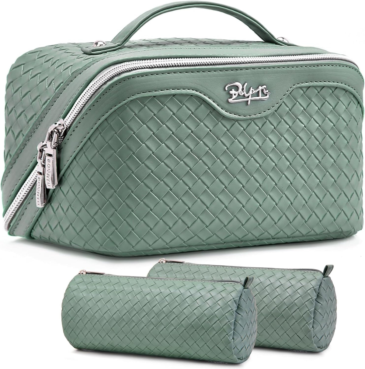Travel Makeup Bag Cosmetic Bags for Women: Large Capacity 3 Pcs Set Make up Bag with Compartments - Waterproof Vegan Leather Toiletry Organizer Bags with Handle (Z-65Light Green)
