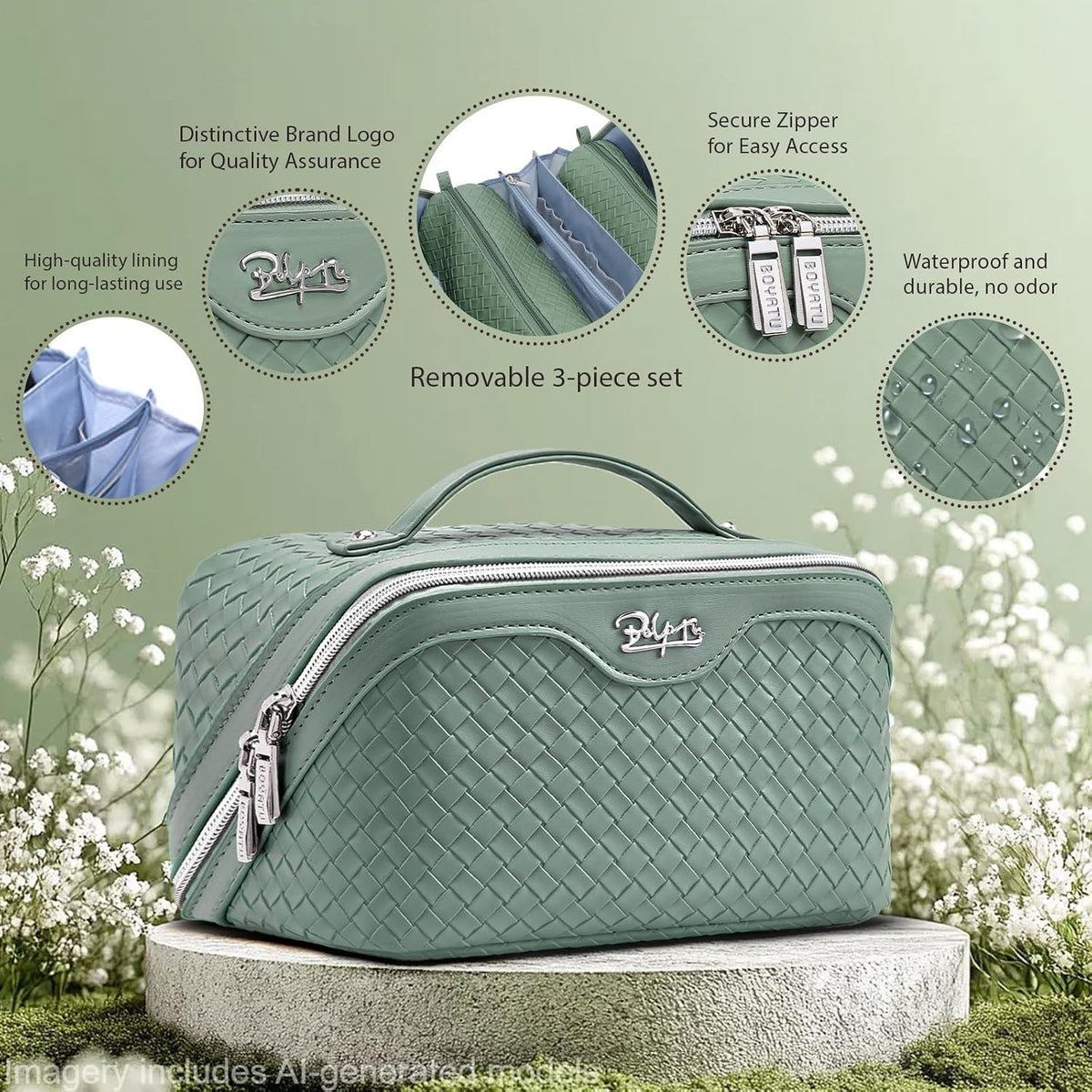 Travel Makeup Bag Cosmetic Bags for Women: Large Capacity 3 Pcs Set Make up Bag with Compartments - Waterproof Vegan Leather Toiletry Organizer Bags with Handle (Z-65Light Green)