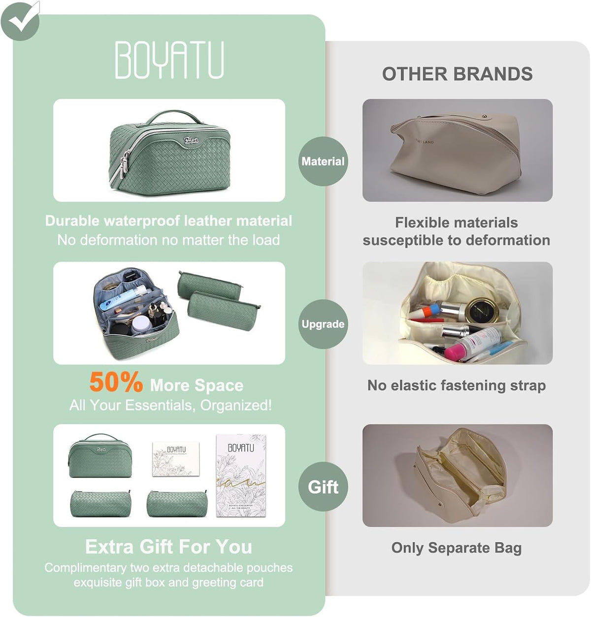 Travel Makeup Bag Cosmetic Bags for Women: Large Capacity 3 Pcs Set Make up Bag with Compartments - Waterproof Vegan Leather Toiletry Organizer Bags with Handle (Z-65Light Green)