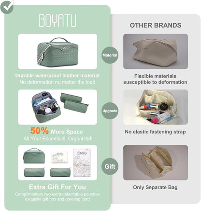 Travel Makeup Bag Cosmetic Bags for Women: Large Capacity 3 Pcs Set Make up Bag with Compartments - Waterproof Vegan Leather Toiletry Organizer Bags with Handle (Z-65Light Green)