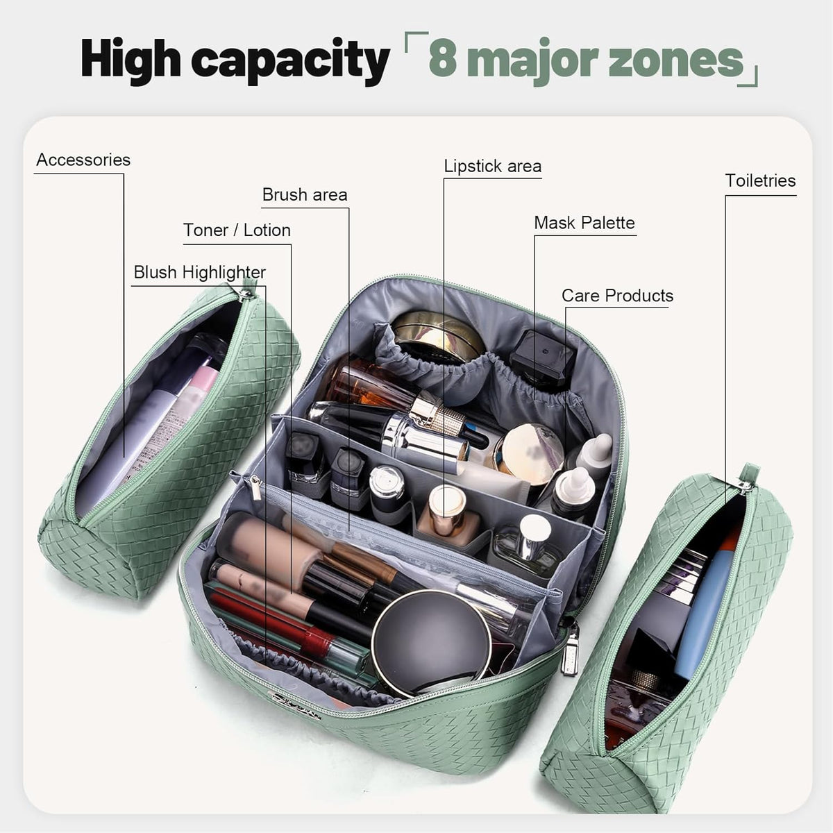 Travel Makeup Bag Cosmetic Bags for Women: Large Capacity 3 Pcs Set Make up Bag with Compartments - Waterproof Vegan Leather Toiletry Organizer Bags with Handle (Z-65Light Green)