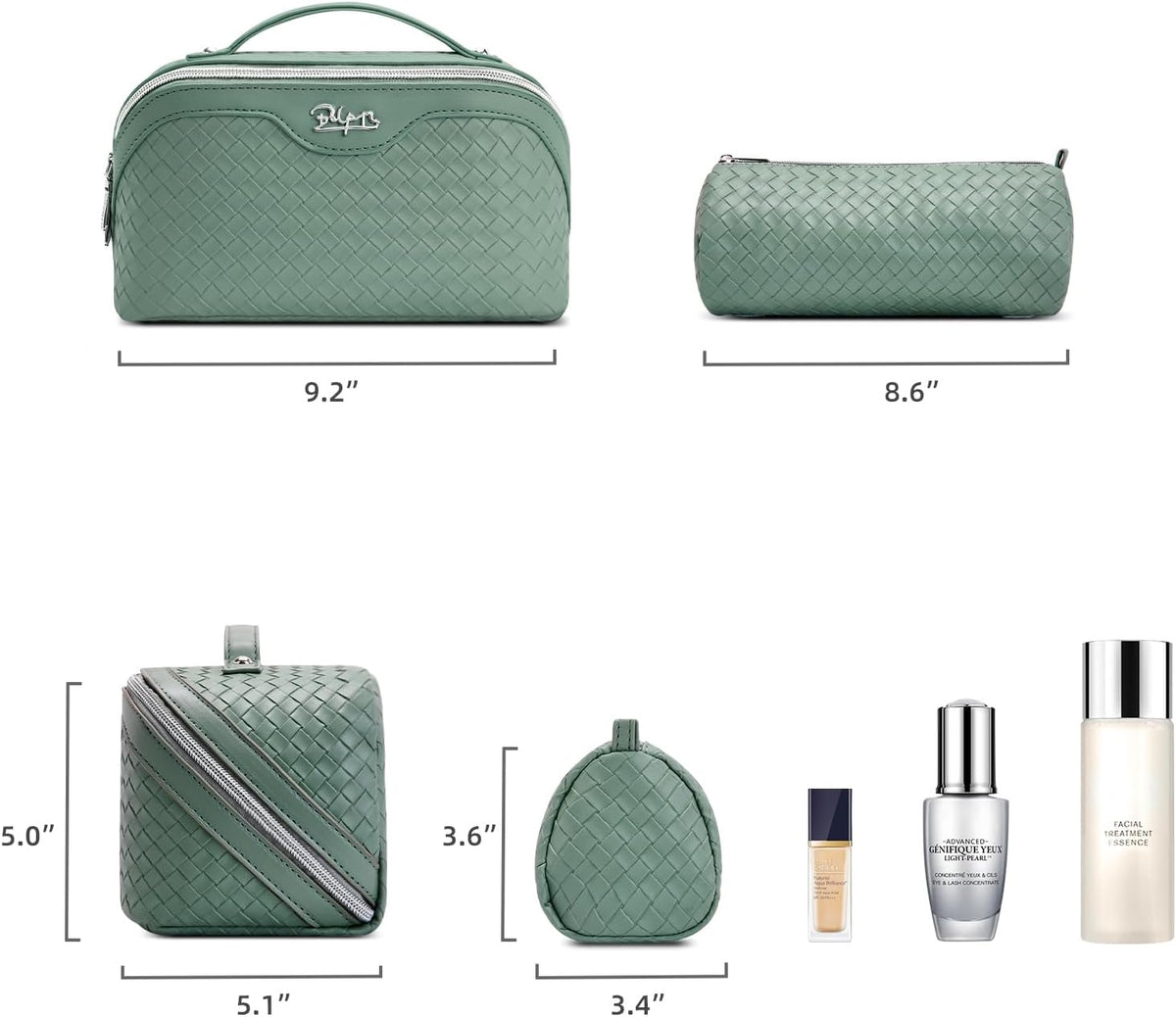 Travel Makeup Bag Cosmetic Bags for Women: Large Capacity 3 Pcs Set Make up Bag with Compartments - Waterproof Vegan Leather Toiletry Organizer Bags with Handle (Z-65Light Green)