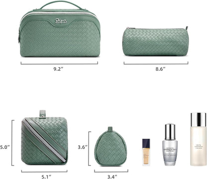 Travel Makeup Bag Cosmetic Bags for Women: Large Capacity 3 Pcs Set Make up Bag with Compartments - Waterproof Vegan Leather Toiletry Organizer Bags with Handle (Z-65Light Green)