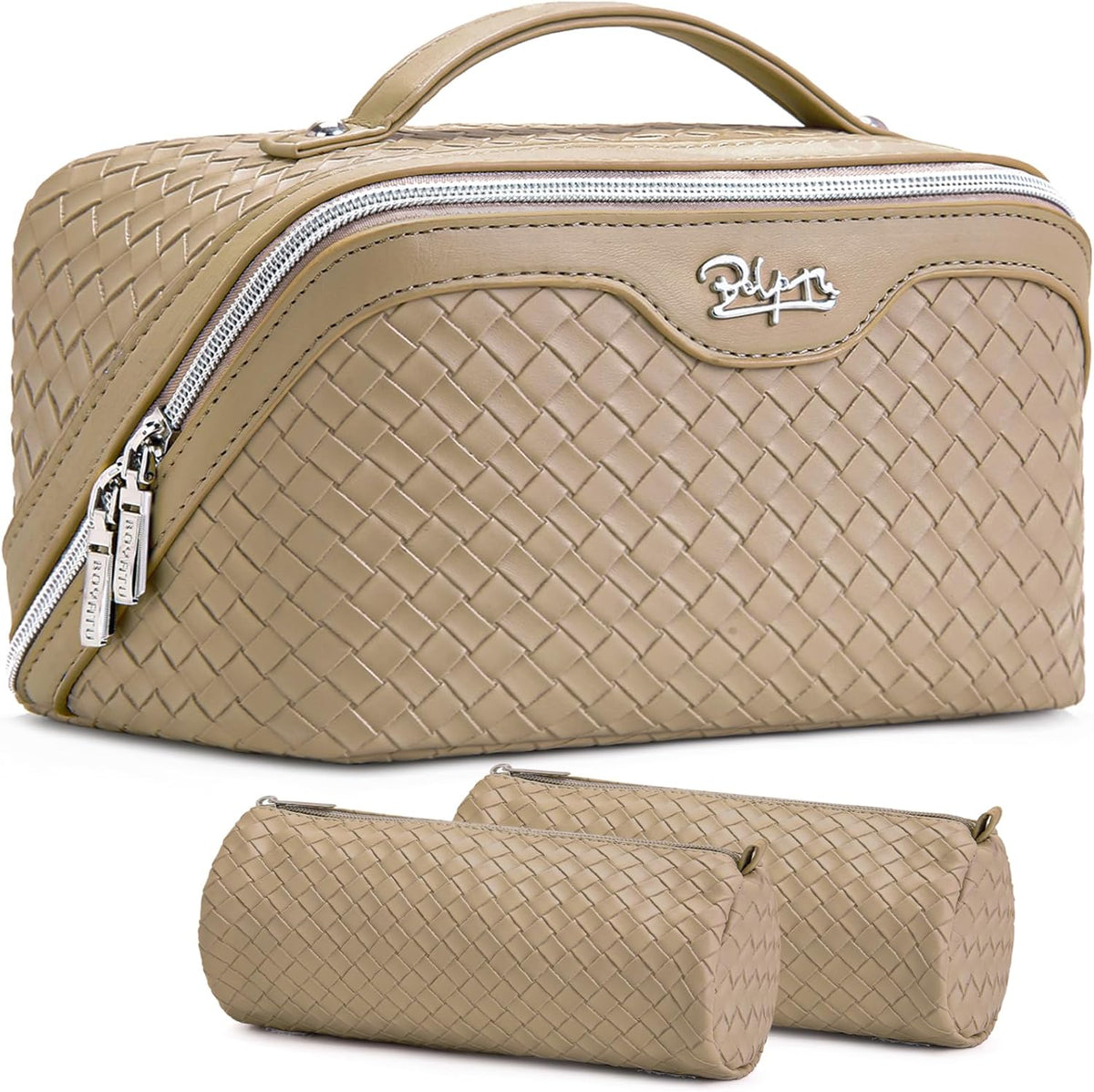 Travel Makeup Bag Cosmetic Bags for Women: Large Capacity 3 Pcs Set Make up Bag with Compartments - Waterproof Vegan Leather Toiletry Organizer Bags with Handle (Z-65Light Green)