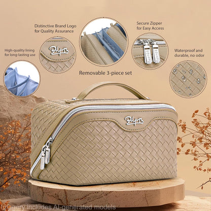 Travel Makeup Bag Cosmetic Bags for Women: Large Capacity 3 Pcs Set Make up Bag with Compartments - Waterproof Vegan Leather Toiletry Organizer Bags with Handle (Z-65Light Green)