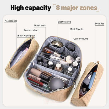 Travel Makeup Bag Cosmetic Bags for Women: Large Capacity 3 Pcs Set Make up Bag with Compartments - Waterproof Vegan Leather Toiletry Organizer Bags with Handle (Z-65Light Green)