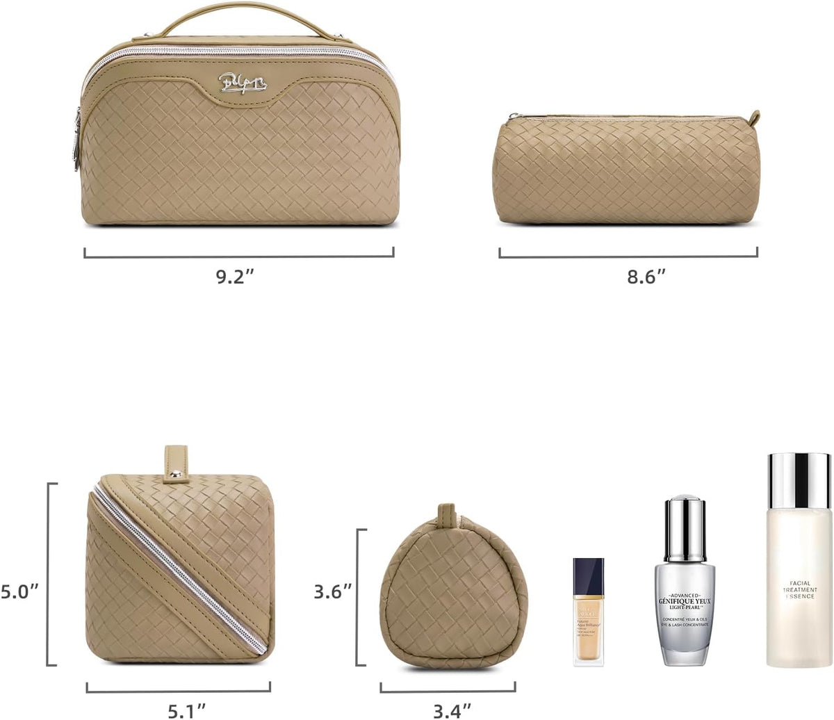 Travel Makeup Bag Cosmetic Bags for Women: Large Capacity 3 Pcs Set Make up Bag with Compartments - Waterproof Vegan Leather Toiletry Organizer Bags with Handle (Z-65Light Green)