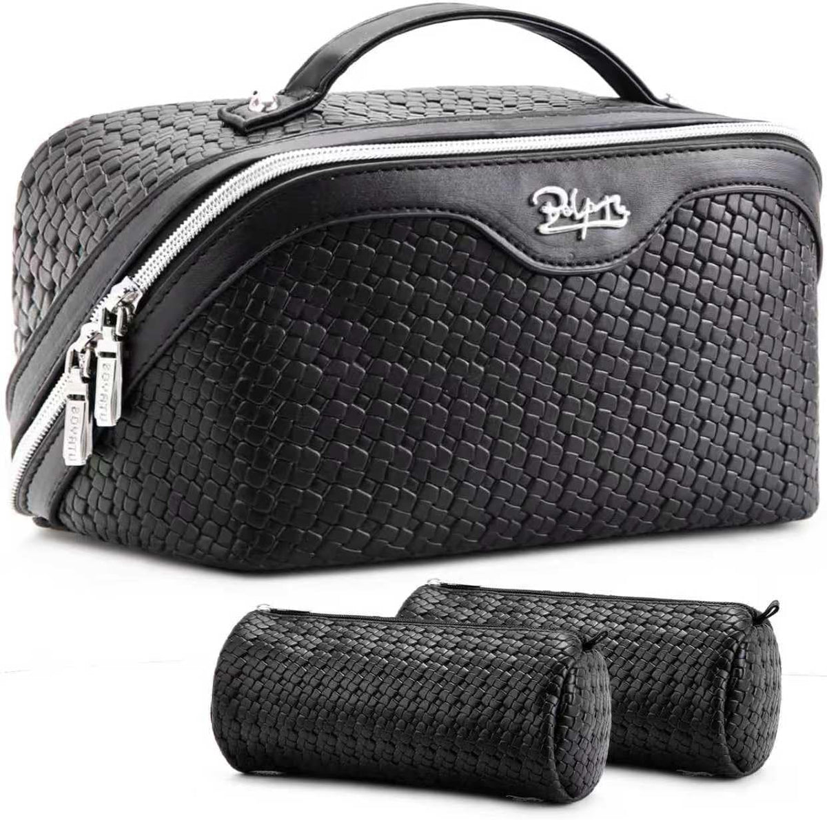 Travel Makeup Bag Cosmetic Bags for Women: Large Capacity 3 Pcs Set Make up Bag with Compartments - Waterproof Vegan Leather Toiletry Organizer Bags with Handle (Z-65Light Green)